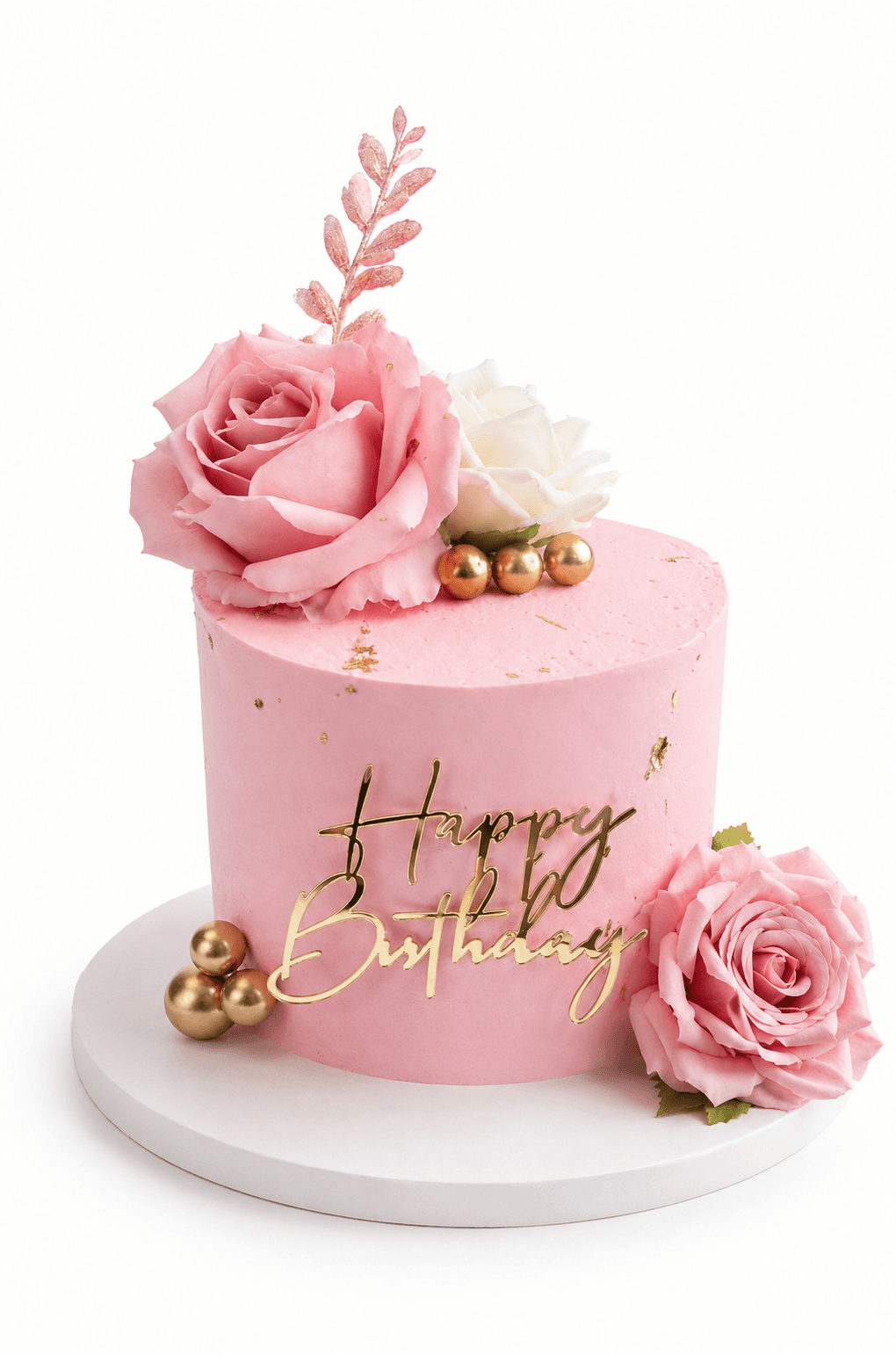 Pink custom birthday cake decorated with roses and gold accents
