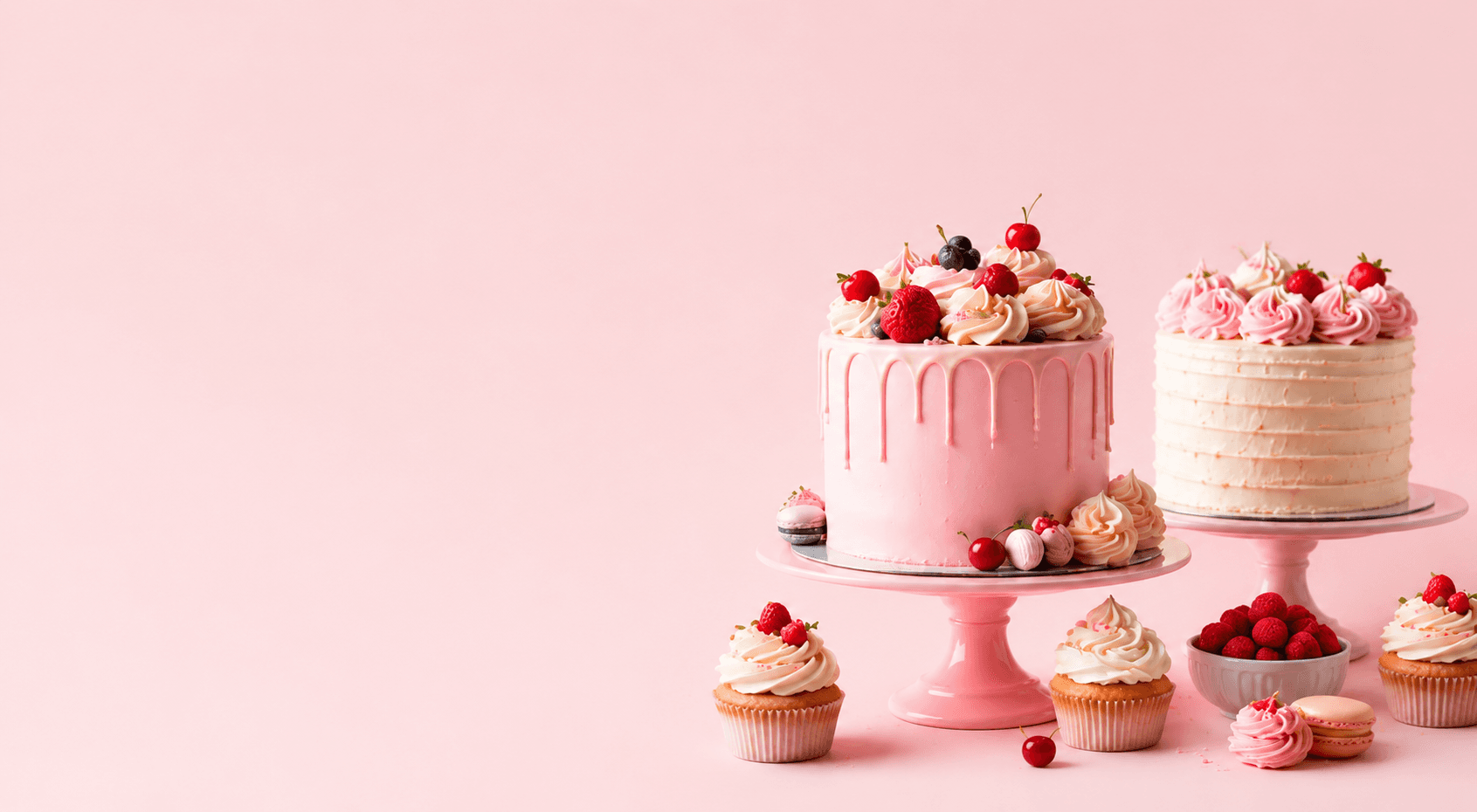 Pink celebration cakes, cupcakes, berries, and pastries