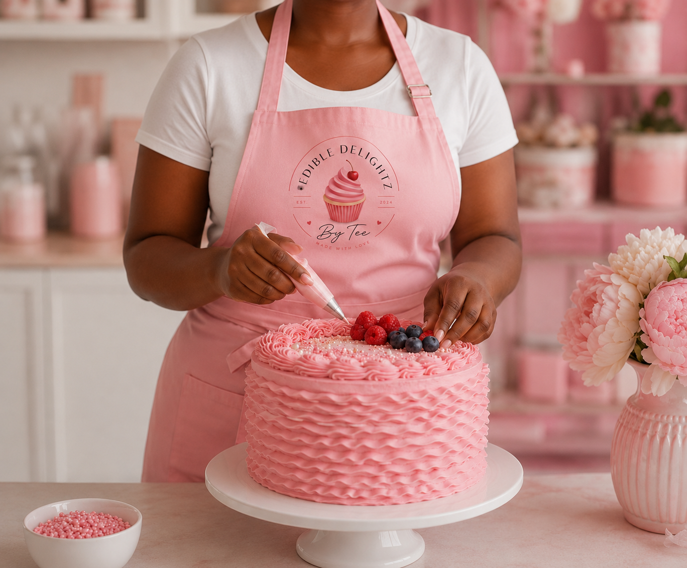 Edible Delightz baker decorating a pink cake